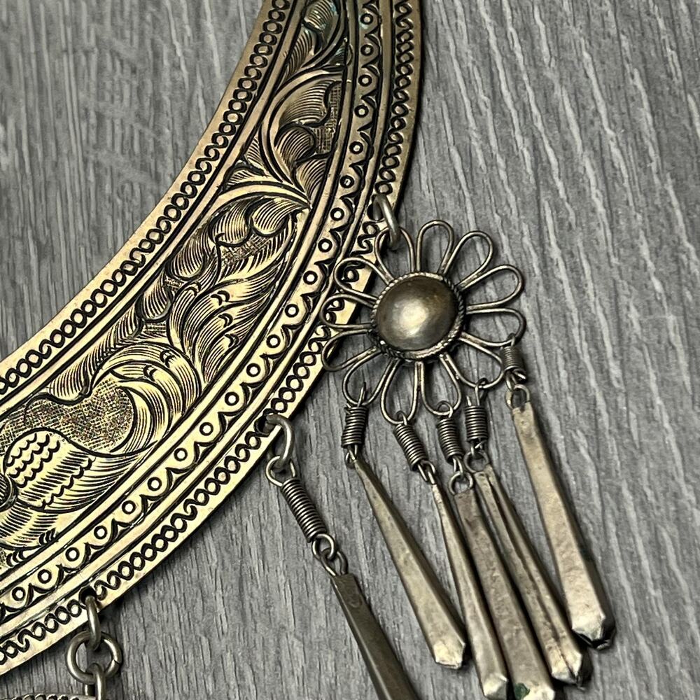 Tribal Boho Collar Statement Necklace Engraved Birds Medallion Dangles Bells - Picture 6 of 16